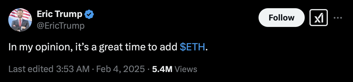 Eric Trump bullish on ETH